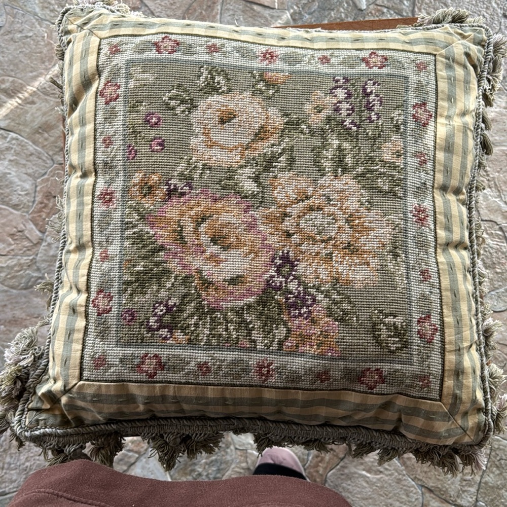 Needlepoint Green & Yellow Fringed Floral Throw Pillow